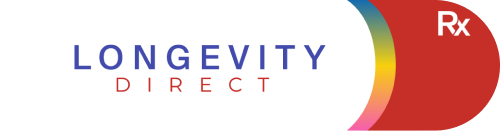 Longevity Direct logo featuring the wordmark inside a gradient capsule with an Rx badge