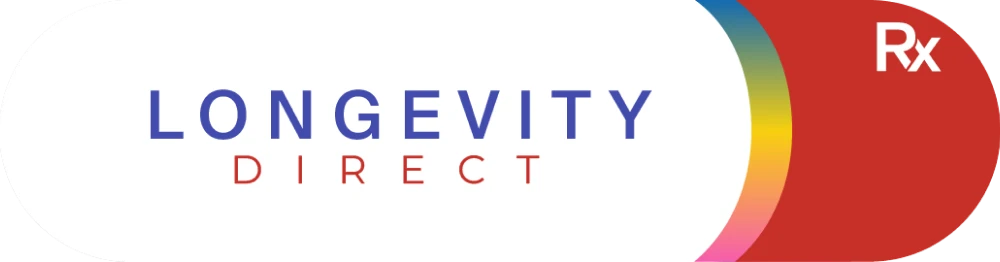 Longevity Direct logo featuring the wordmark inside a gradient capsule with an Rx badge