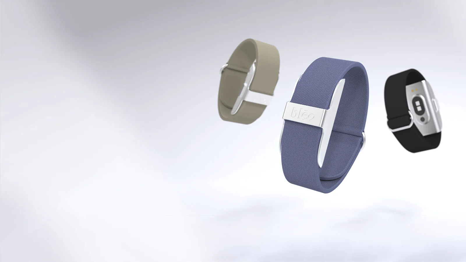 blēo: Track Your Longevity Three blēo wearable bands in different colors (tan, blue, black) floating against a light background, showcasing advanced health and longevity tracking.