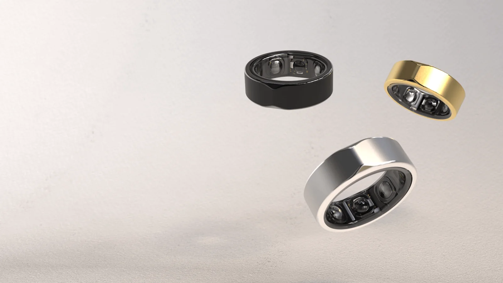 blēo Rings: Your Longevity Tracker Three blēo rings in black, gold, and silver, showcasing advanced health tracking for longevity and wellness.