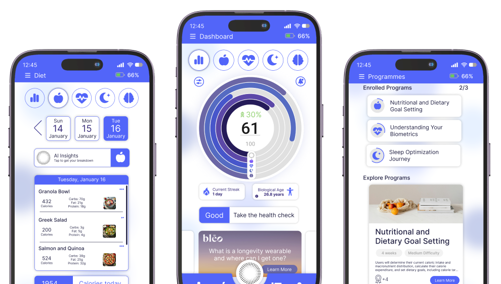 blēo Health Dashboard blēo app dashboard showing biological age, current streak, and health tracking icons for VO2 Max, heart rate, sleep, and brain health.