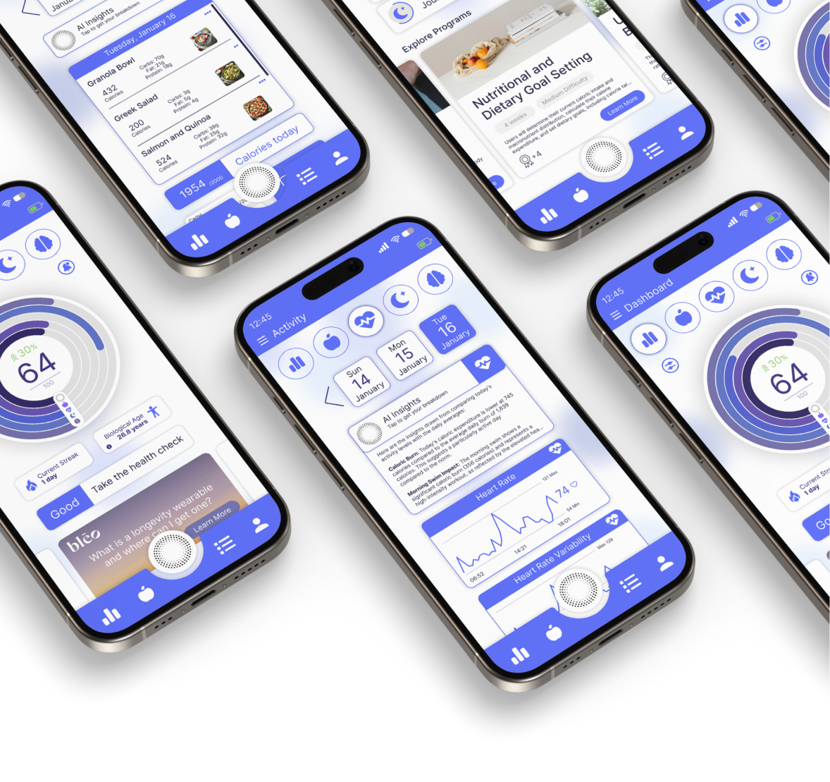 blēo: Longevity Health Tracker App blēo health and longevity wearable device app interface showing biological age, heart rate, activity, and nutrition tracking.