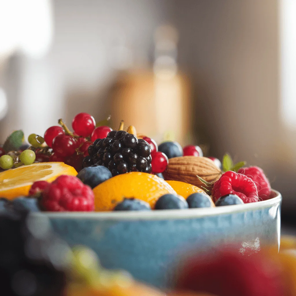 Close up of a colorful bowl filled with fresh berries, citrus slices, and almonds, symbolizing healthy eating for aging skin.