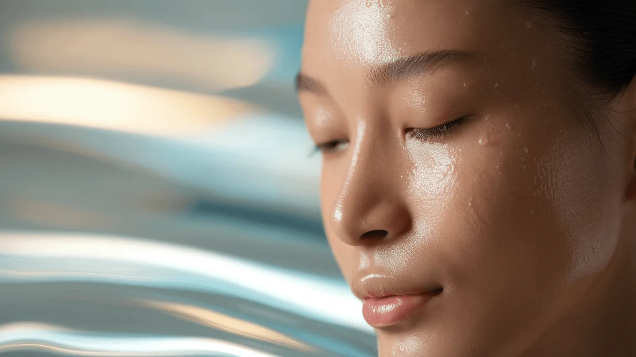 Close-up of a young Asian woman's face with dewy, hydrated skin, showing a healthy glow for aging skin tips.