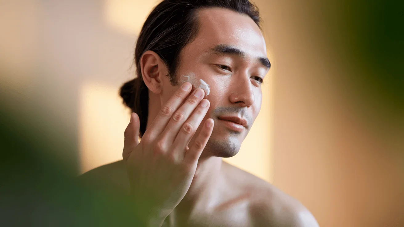 Asian man applying anti-aging cream to his cheek for healthy, youthful skin and longevity.