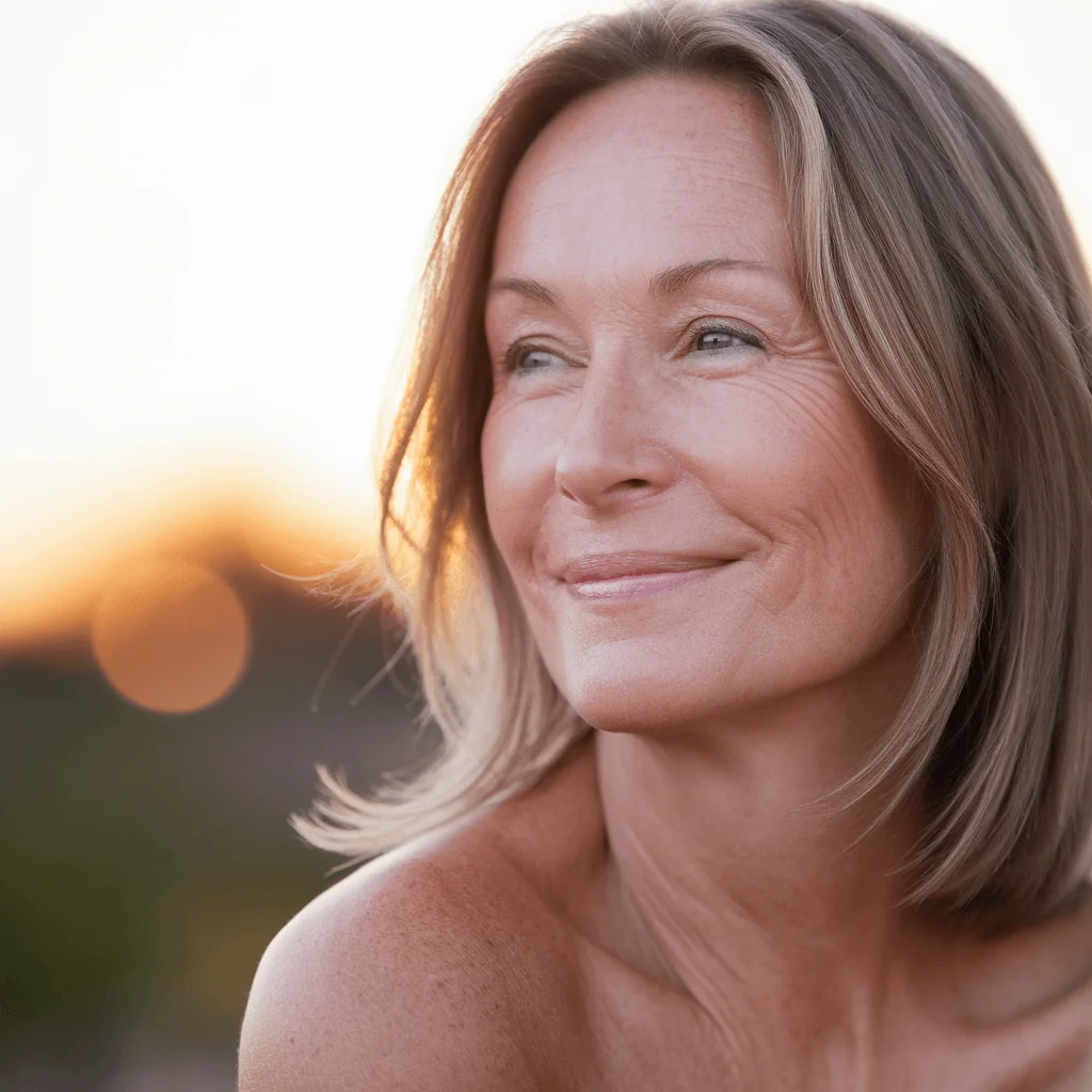 Mature woman with healthy, radiant skin enjoying the sunset, representing healthy aging and skin longevity.