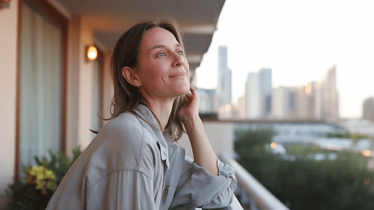 Mature woman with radiant skin looking up thoughtfully on a balcony, symbolizing healthy aging and longevity.