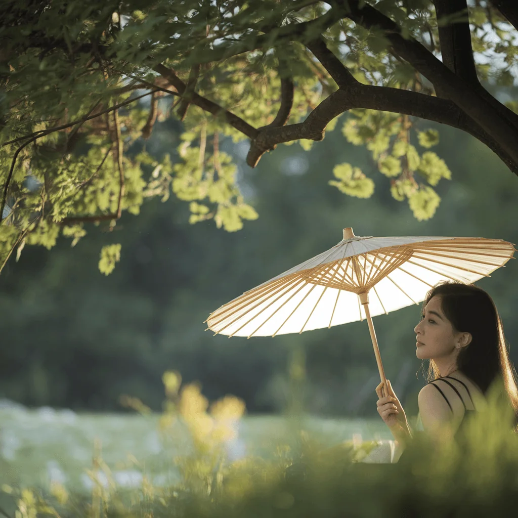A young Asian woman holding a traditional umbrella under a leafy tree, seeking shade, promoting healthy aging skin awareness.
