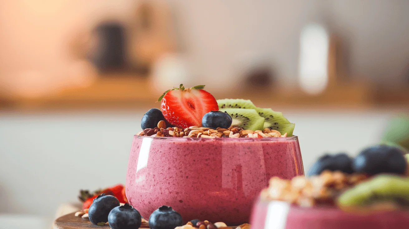 Delicious berry smoothie bowl topped with fresh strawberries, blueberries, kiwi, and granola for autoimmune support.