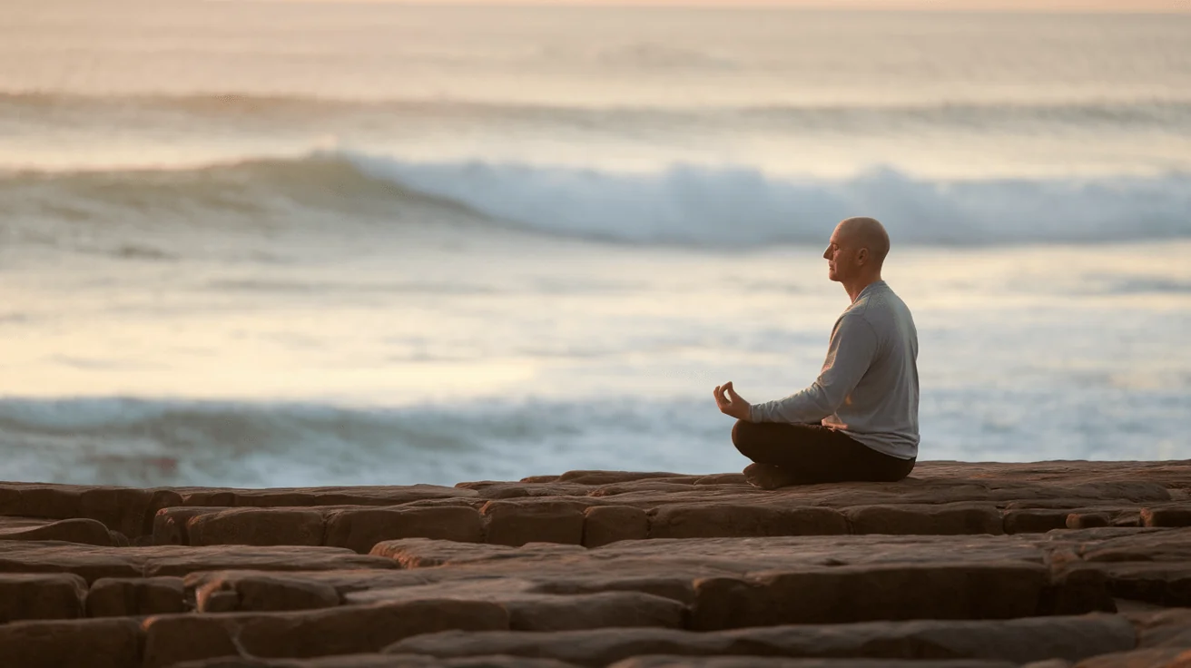 Man meditating on rocks by the sea, symbolizing peace and calm for autoimmune support and overall health.