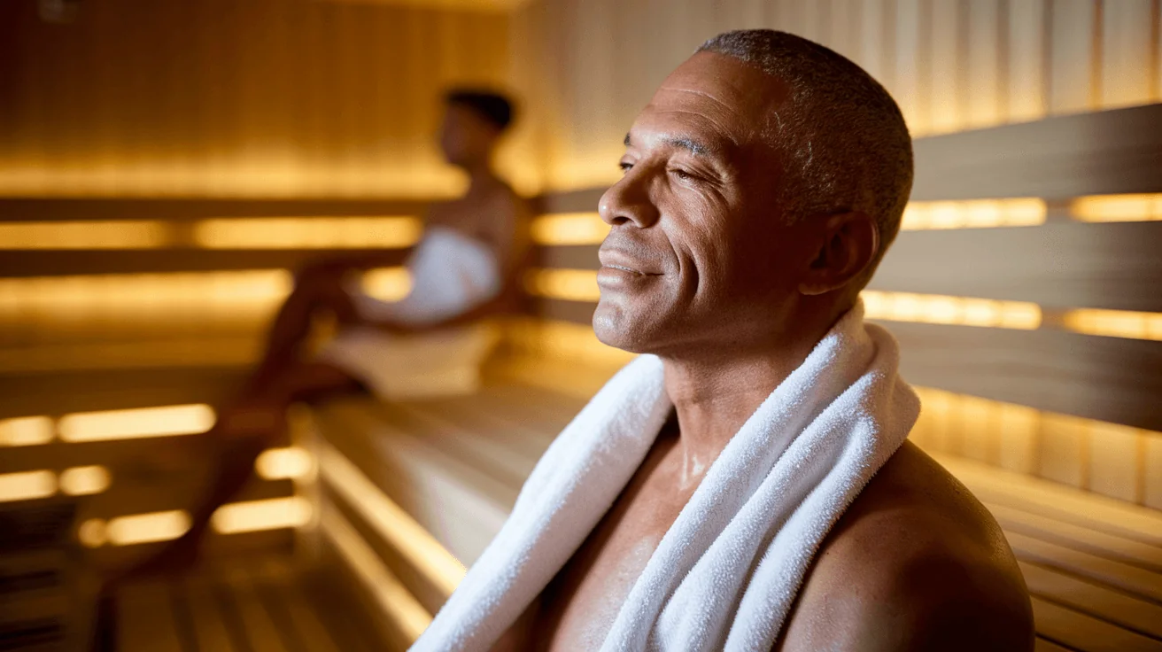 Man with eyes closed and a relaxed smile enjoying a sauna session, suggesting stress relief and detoxification for autoimmune support.