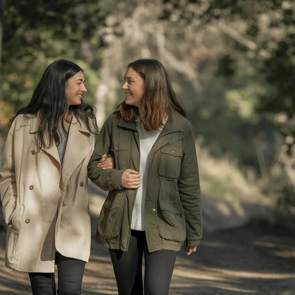 Two women walk together outdoors, smiling and supporting each other, symbolizing community and well-being for autoimmune support.