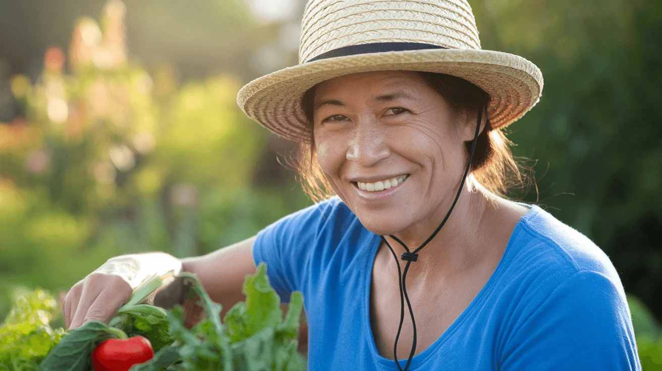 Smiling woman in a straw hat and blue shirt gardening, representing natural approaches to autoimmune support and healthy living.