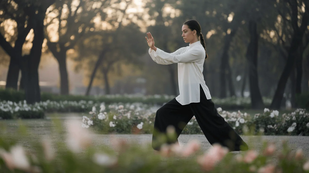 Woman practicing Tai Chi in a serene park setting, promoting mind-body balance for autoimmune support and longevity.