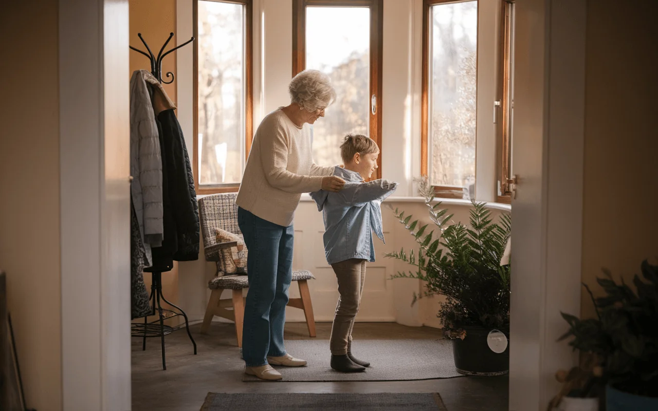 Elderly woman and child doing arm exercises together indoors for blood pressure health.