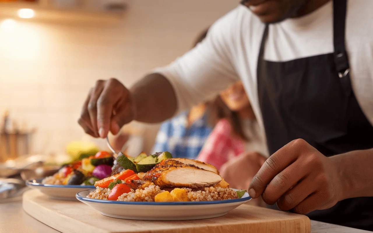 Man preparing a healthy meal with chicken, quinoa, and vegetables for blood pressure wellness.