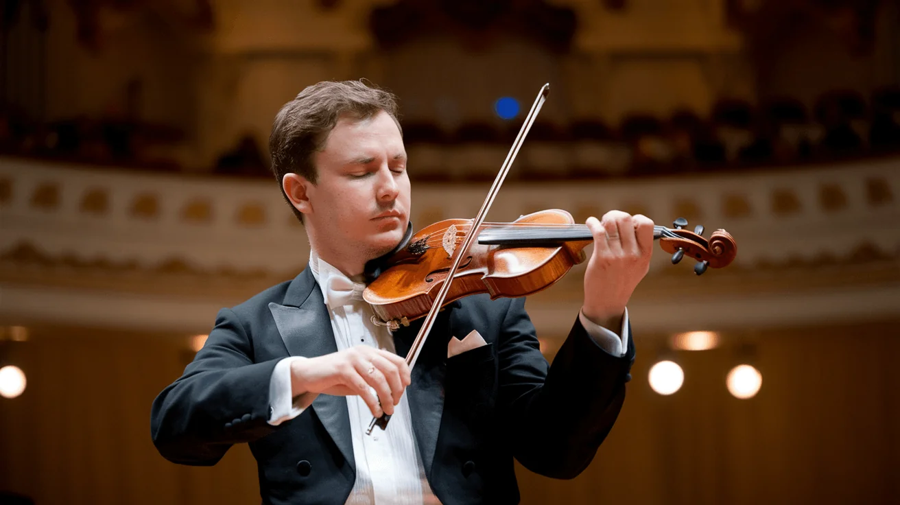 Man playing a violin in a concert hall, symbolizing the calming effects of music on blood pressure and overall health.