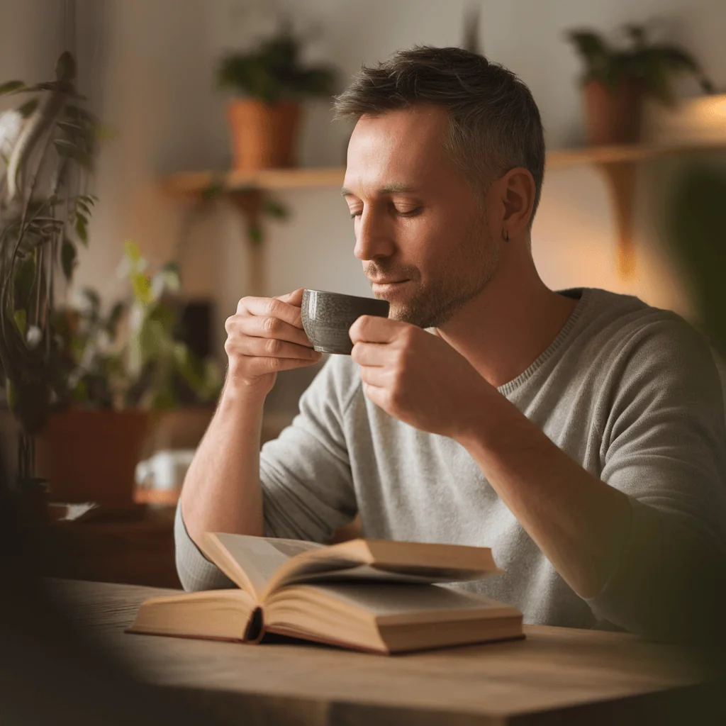 Man enjoying a warm beverage, promoting relaxation and a balanced lifestyle for healthy blood pressure.
