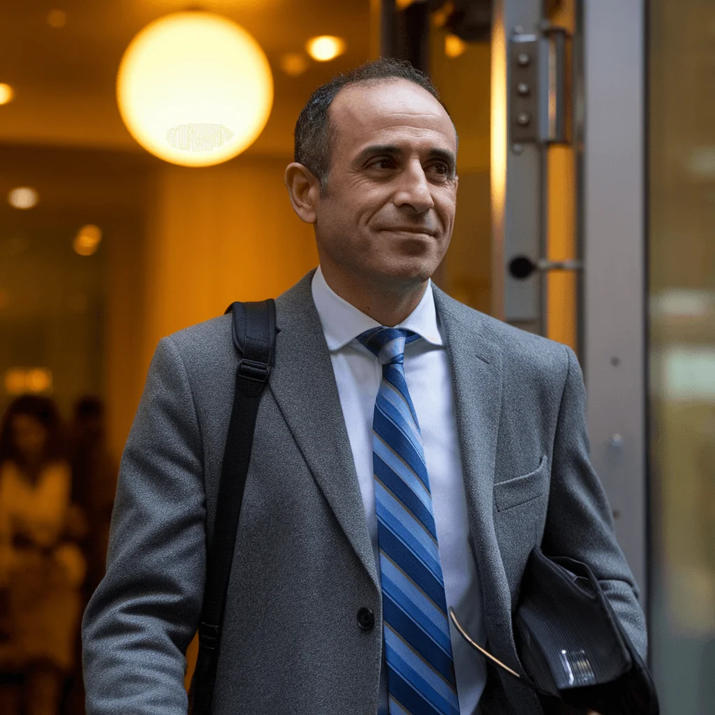 Man in a grey suit and blue tie walking, representing a healthy lifestyle for managing blood pressure.