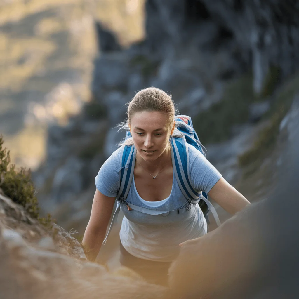 Young woman hiking uphill, focused and determined. Physical activity boosts heart health and helps manage blood pressure for longevity.