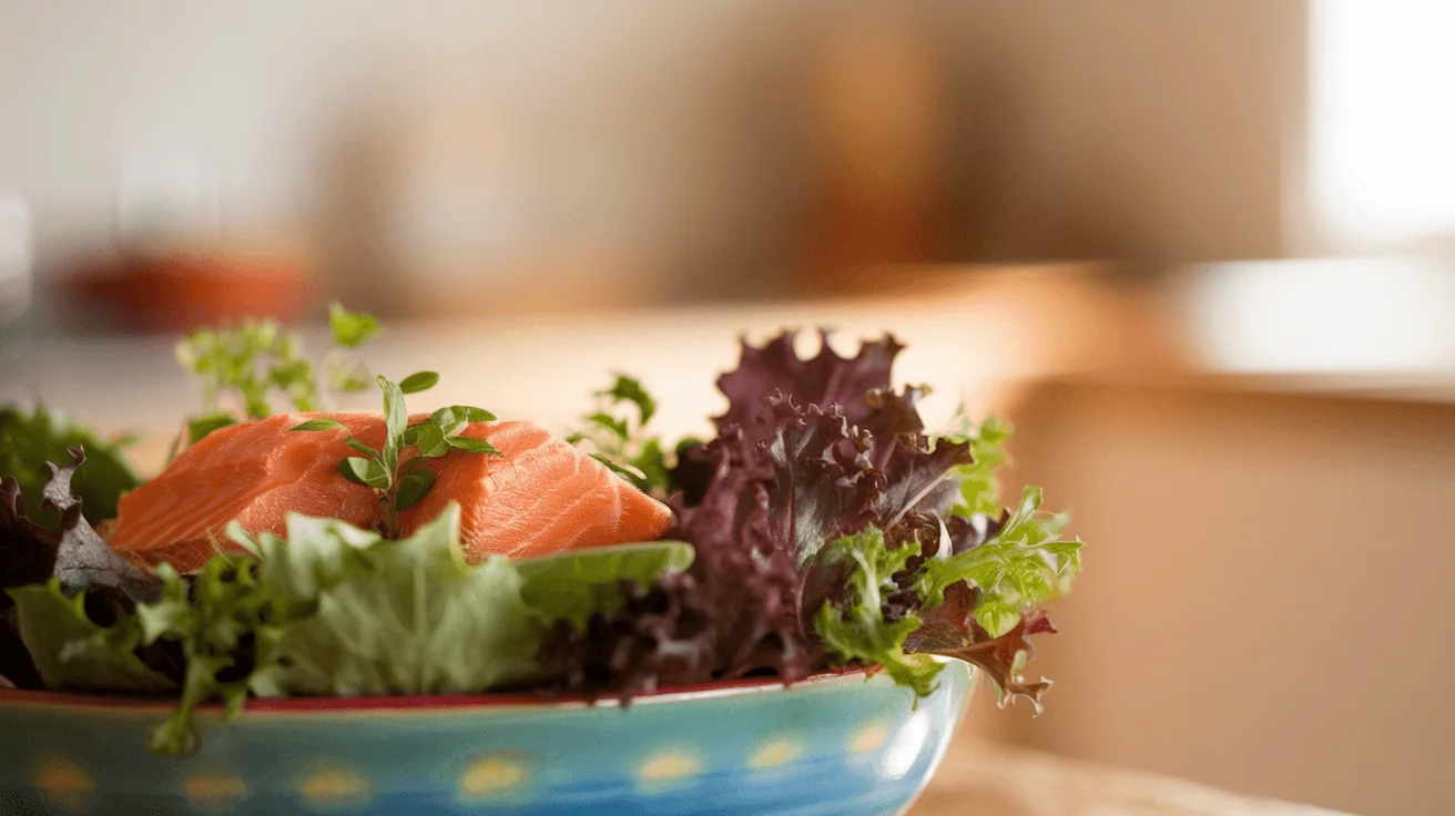 Fresh salmon and mixed greens in a bowl, highlighting omega-3 benefits for chronic pain and arthritis relief.