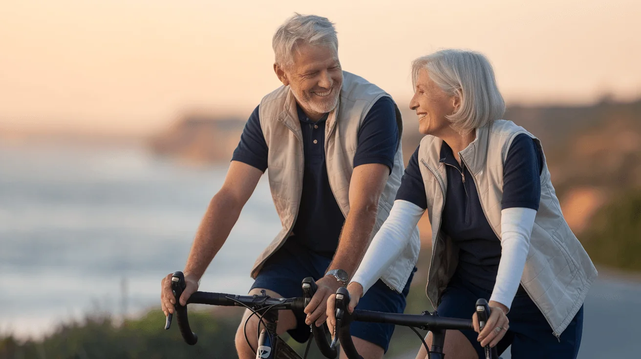 Active senior couple smiling while cycling outdoors, representing health and longevity despite chronic pain arthritis.