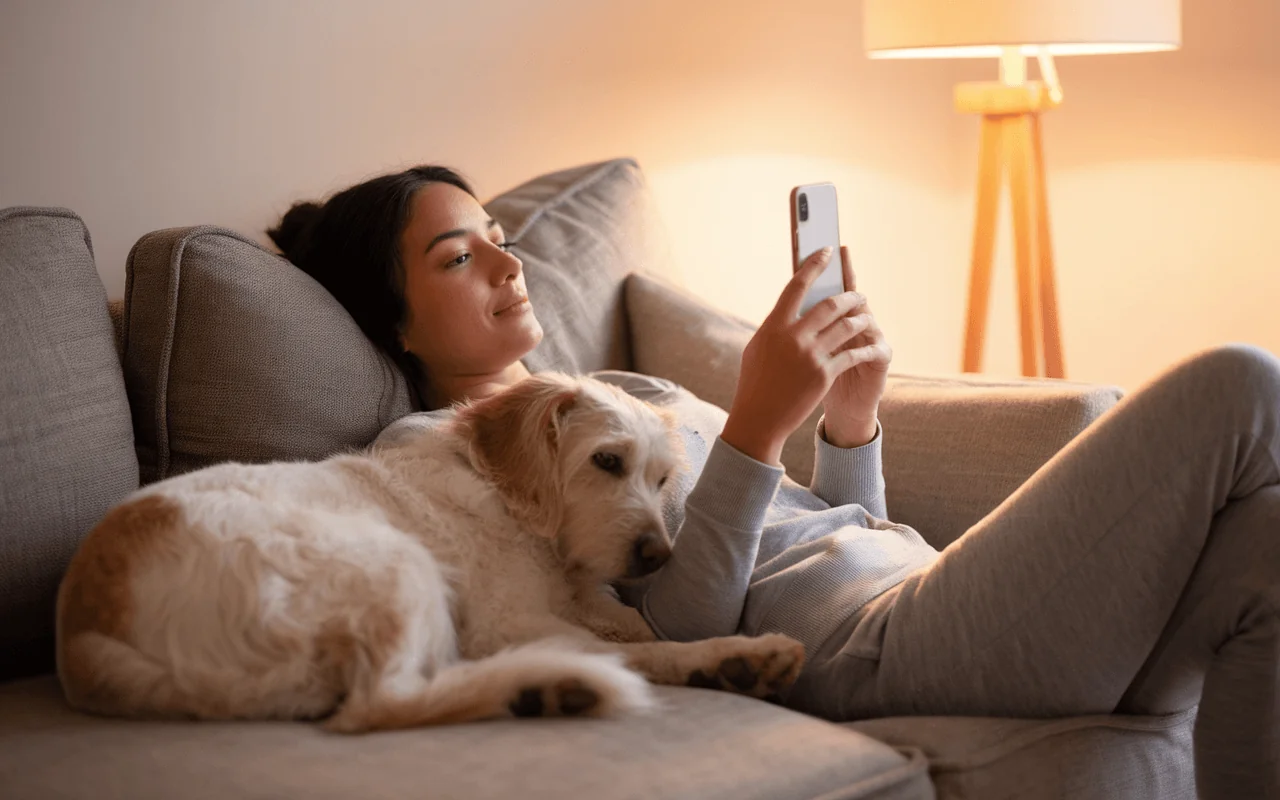 Woman relaxing on a sofa with her dog, using a smartphone. Ideal for chronic pain and arthritis management content.
