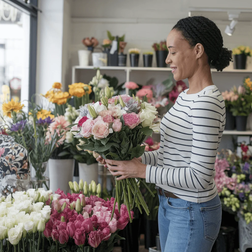 Woman happily holding a bouquet of flowers in a flower shop, symbolizing joy and mindful activities for arthritis pain management.