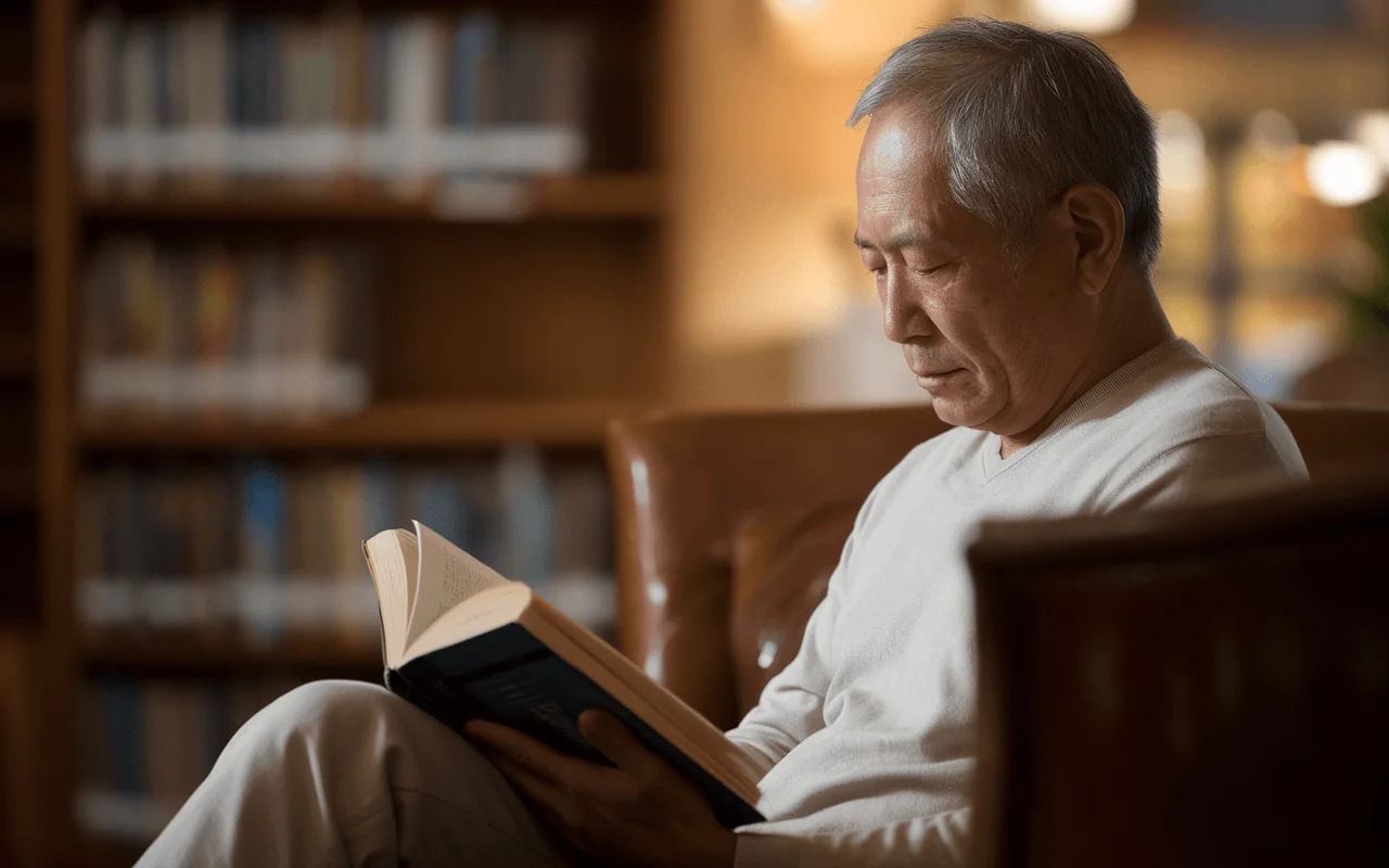Elderly man engrossed in reading a book in a library, symbolizing cognitive function and lifelong learning for longevity.