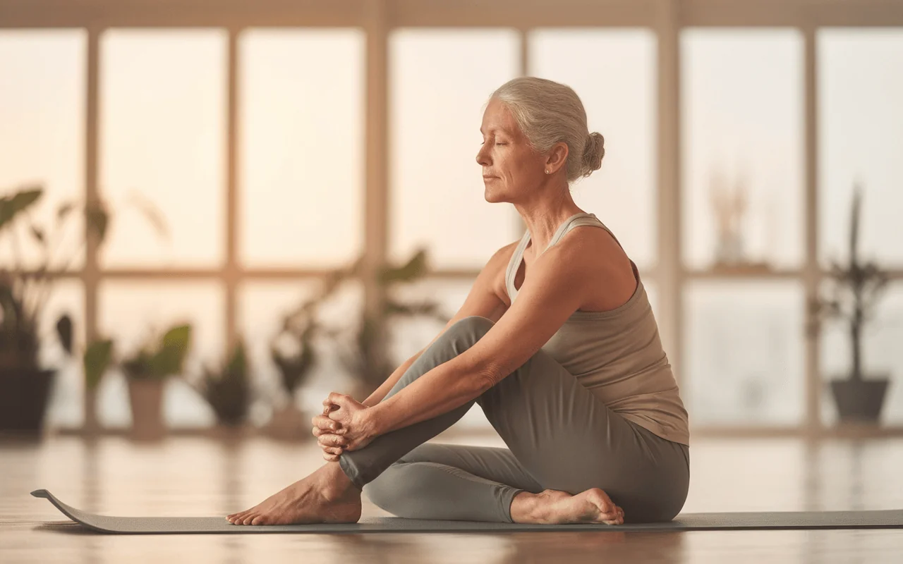 Senior woman meditating, promoting cognitive function and mental clarity for longevity.