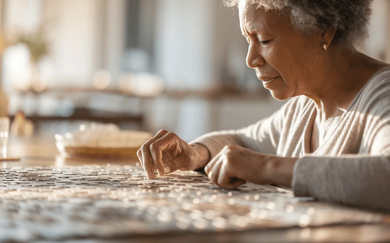 Senior woman focused on solving a jigsaw puzzle, promoting cognitive function and brain health.