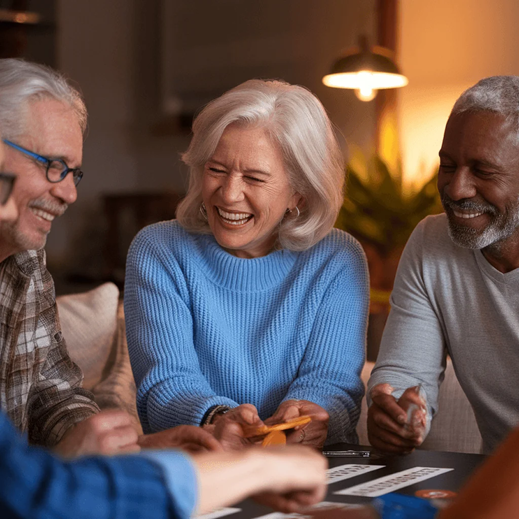 Diverse group of smiling seniors engaged in a tabletop game, promoting cognitive function and social connection for longevity.