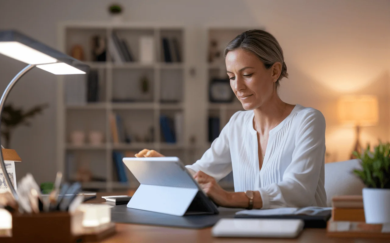 Middle-aged woman focused on her tablet, symbolizing cognitive function and mental agility for longevity.