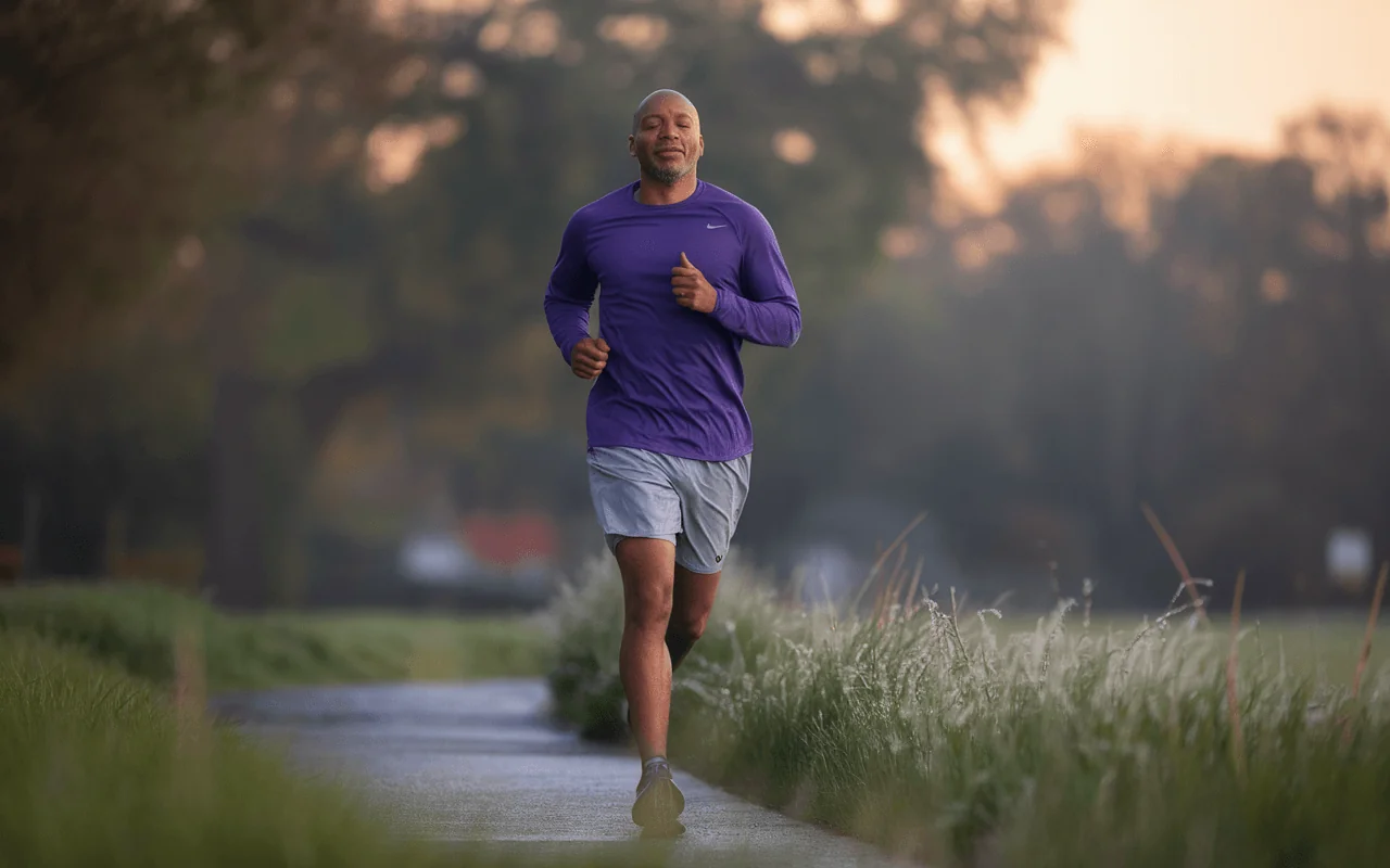 Man running outdoors, symbolizing fitness and health for diabetes prevention and longevity.