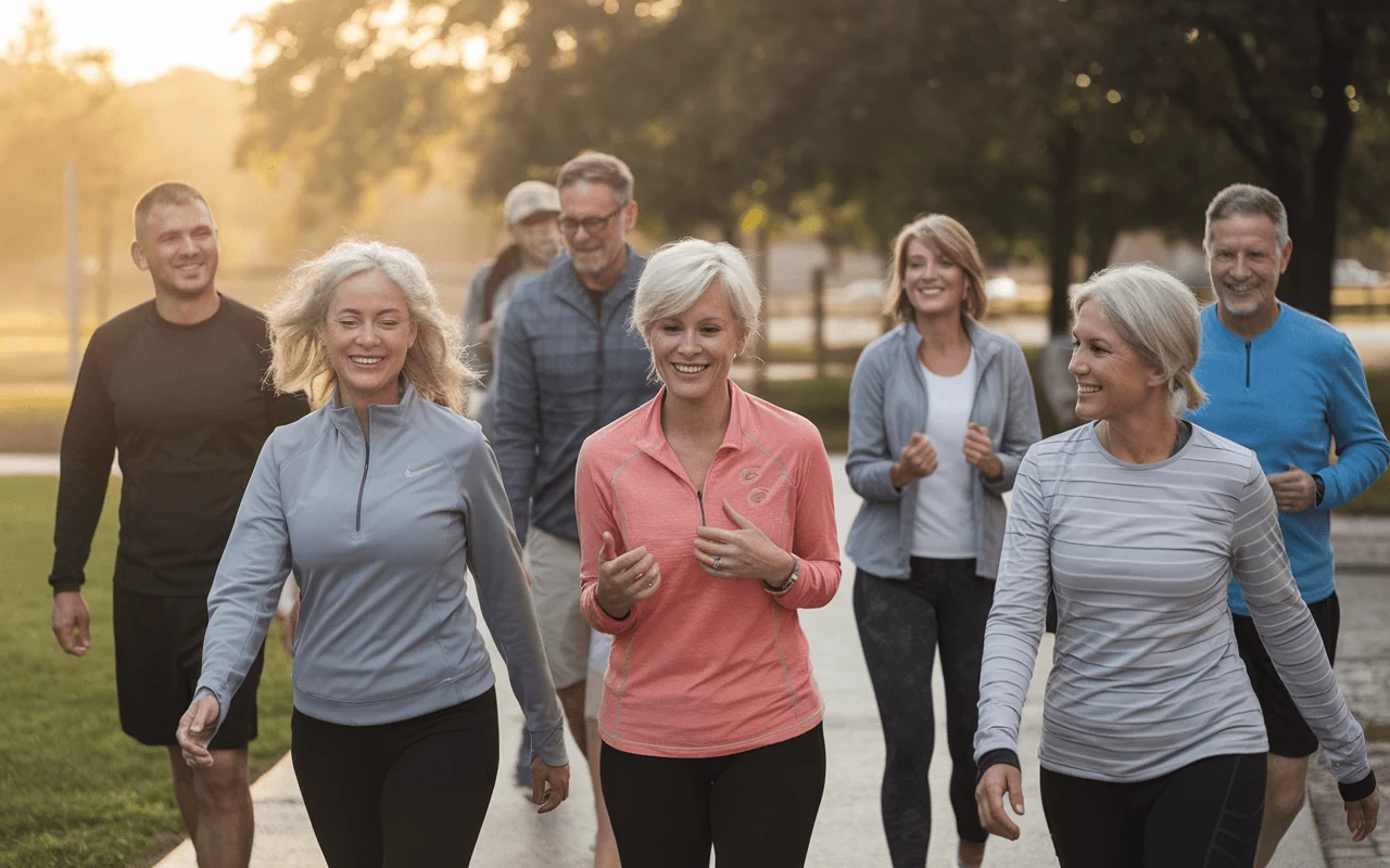 Diverse group of adults smiling while walking outdoors, symbolizing active living and diabetes prevention.