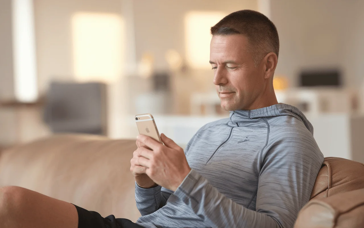 Man in athletic wear on a phone, likely tracking health for diabetes prevention and longevity.