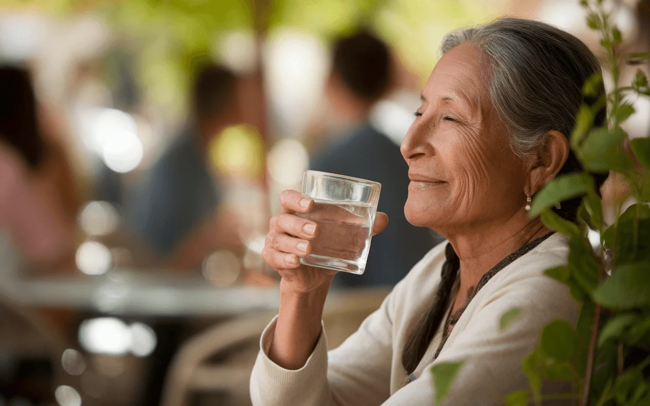 Smiling older woman enjoying a glass of water, emphasizing healthy hydration for diabetes prevention and longevity.