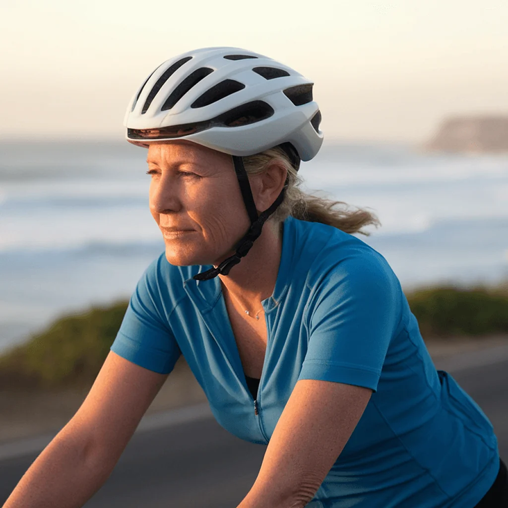 Mature woman in helmet cycling outdoors, promoting diabetes prevention through healthy lifestyle choices and exercise.