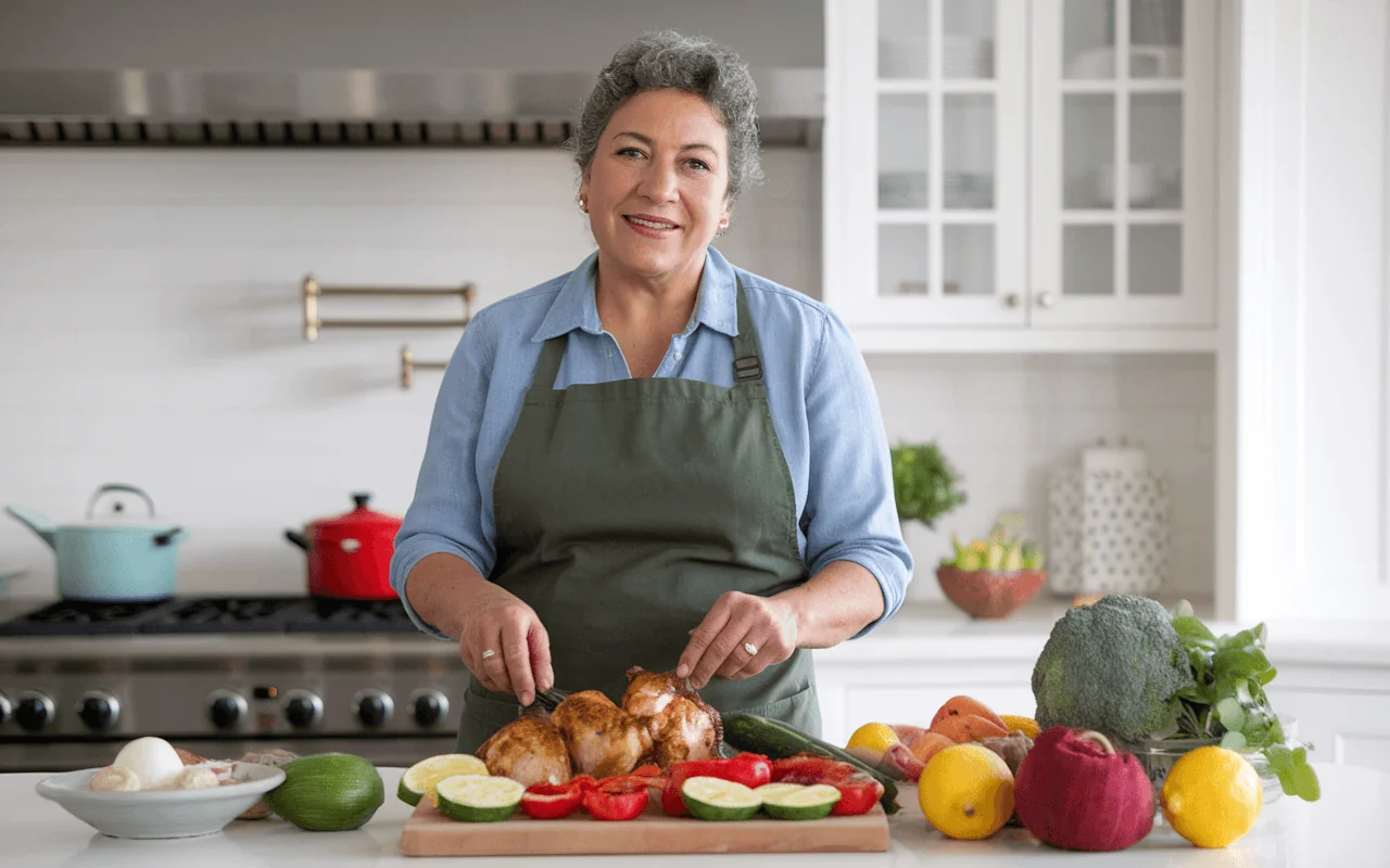 Smiling woman in kitchen preparing a healthy meal with chicken and fresh vegetables for diabetes prevention.