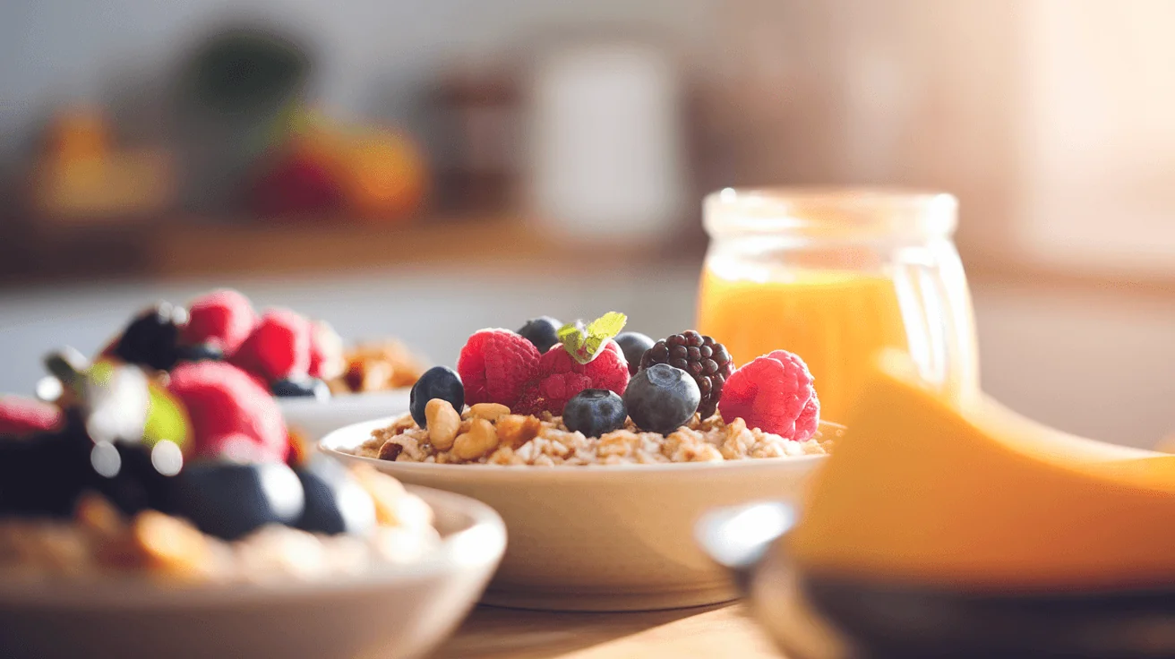 Healthy breakfast bowl with oatmeal, fresh berries, and a glass of orange juice, promoting energy and combating fatigue.