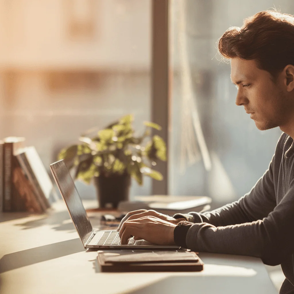 Man working intently on a laptop, suggesting the need for sustained energy and overcoming fatigue for productivity.