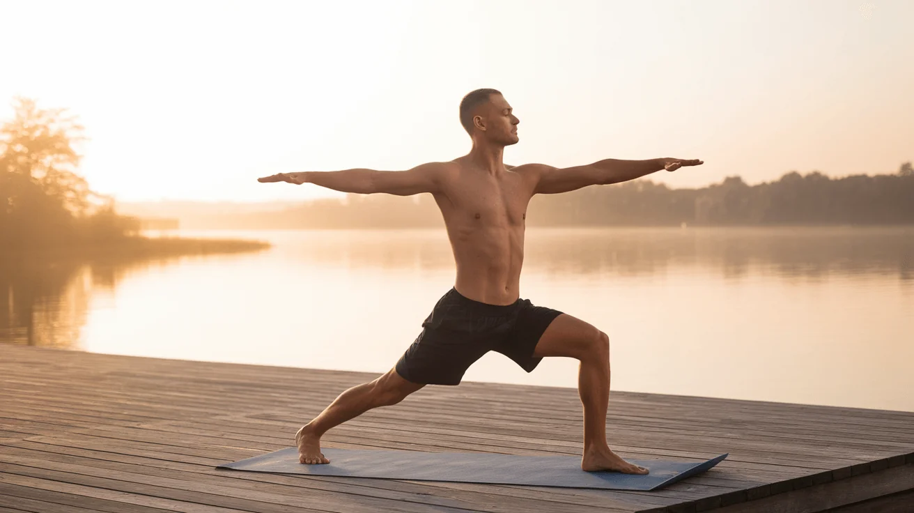 Man performing a warrior II yoga pose at sunrise on a dock, symbolizing increased energy and overcoming fatigue for longevity.