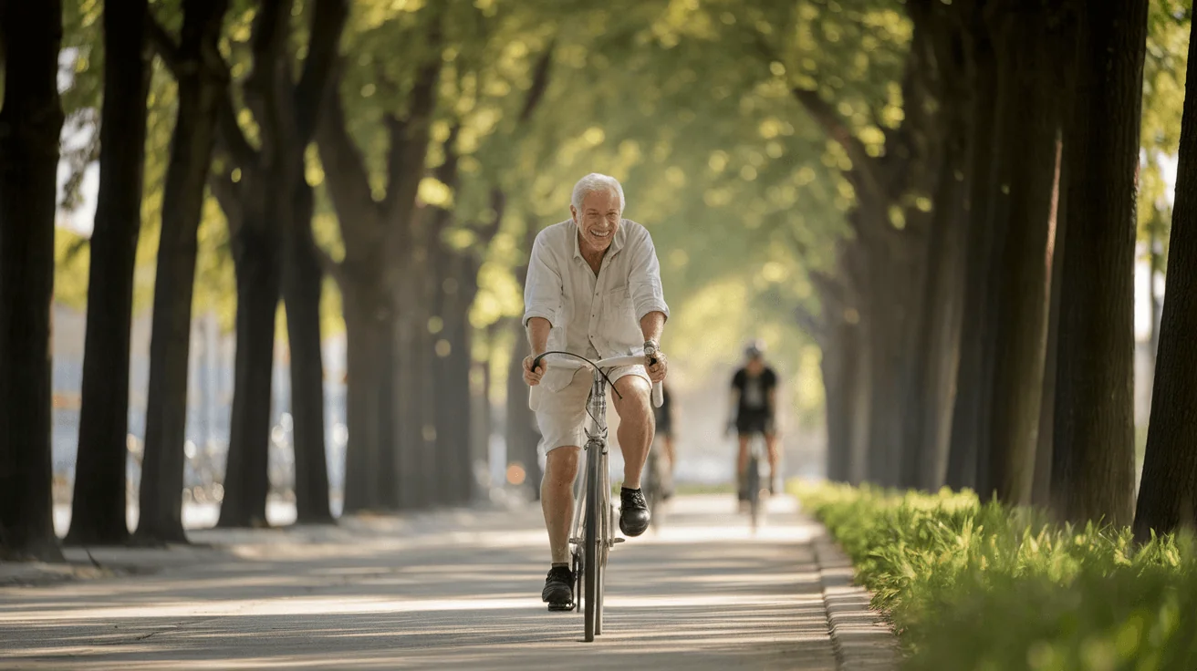 Smiling senior man cycling outdoors on a tree-lined path, symbolizing energy and vitality for longevity.