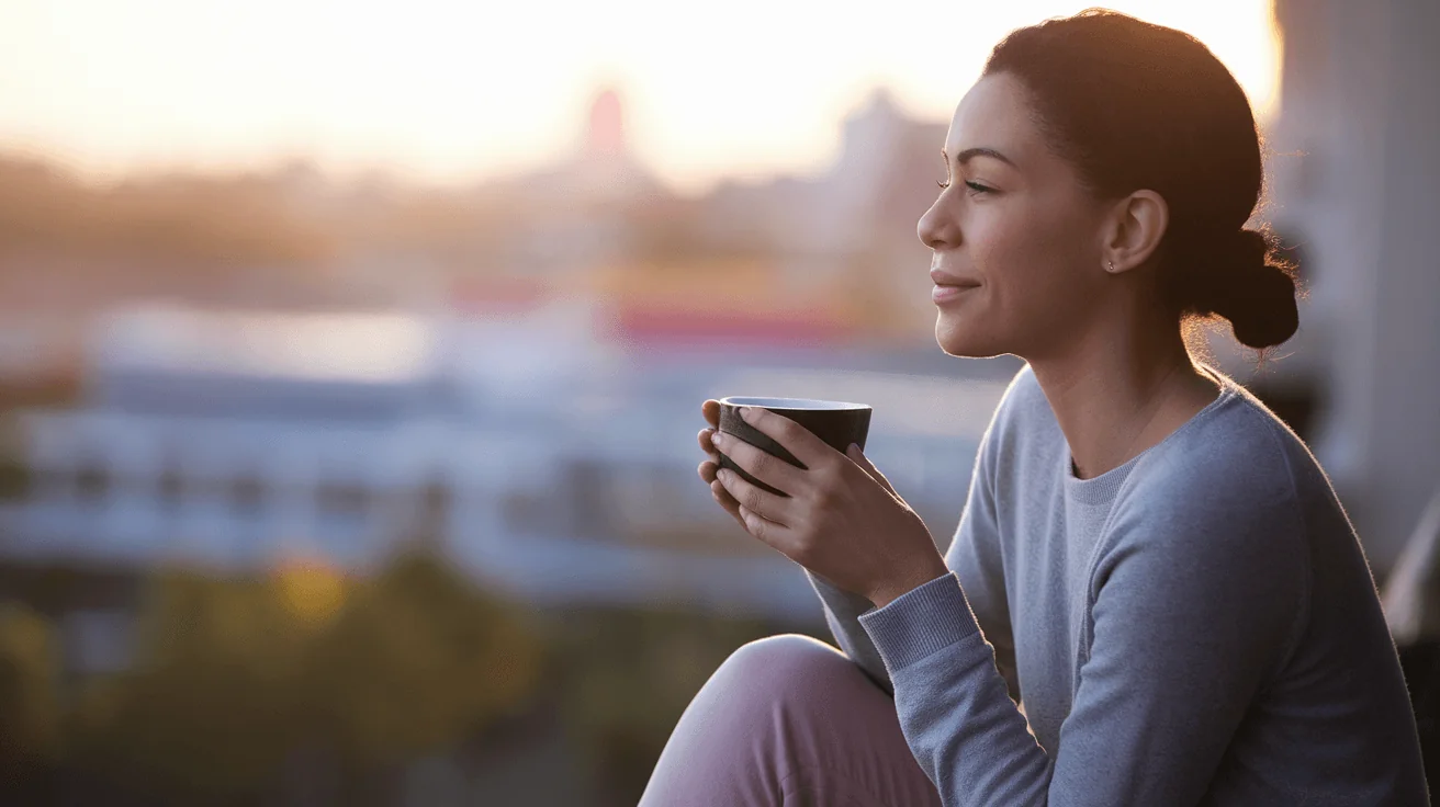 Woman holding a cup of tea, looking thoughtful at sunrise, representing energy and overcoming fatigue.