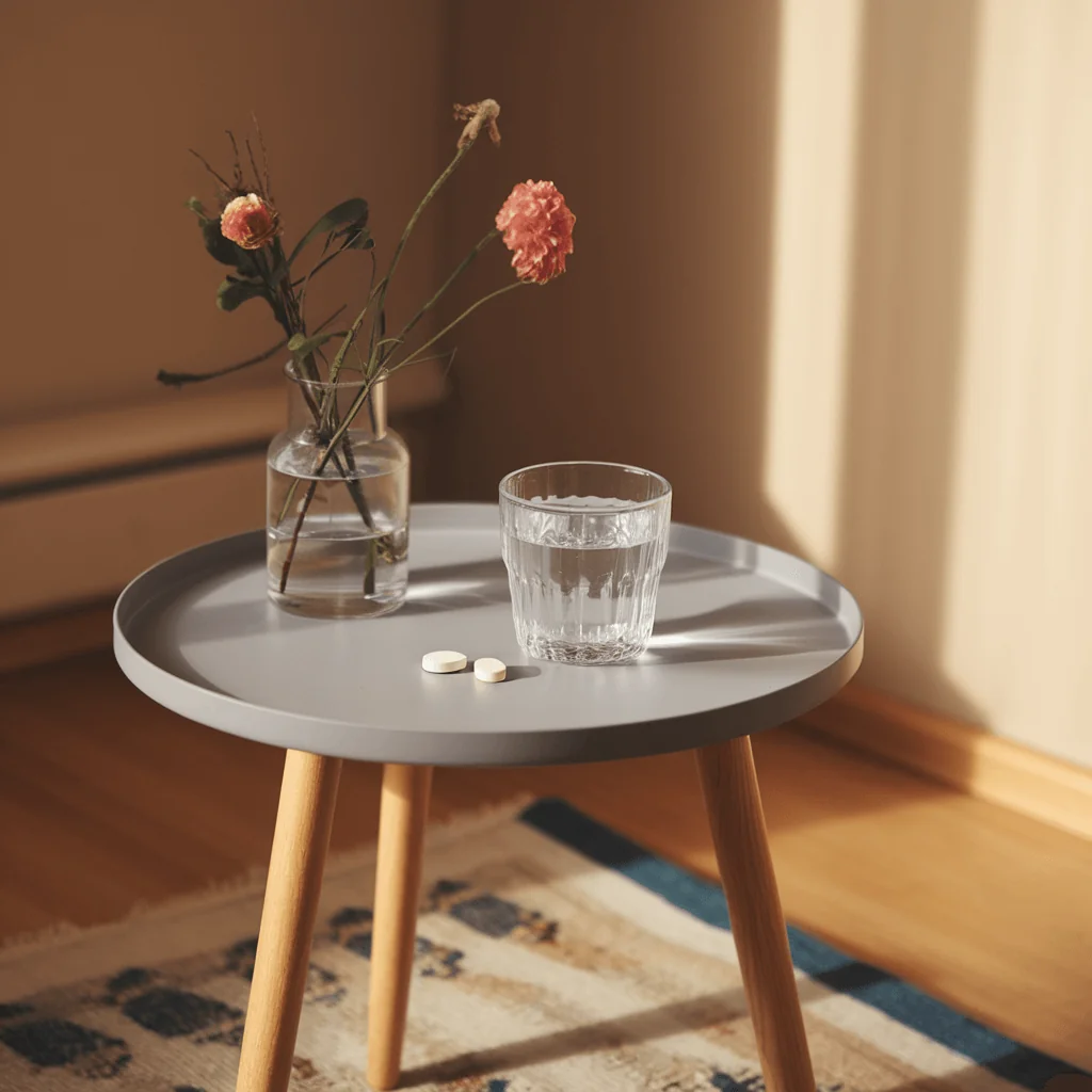 Two white pills next to a glass of water and flowers on a side table, symbolizing health and longevity practices.