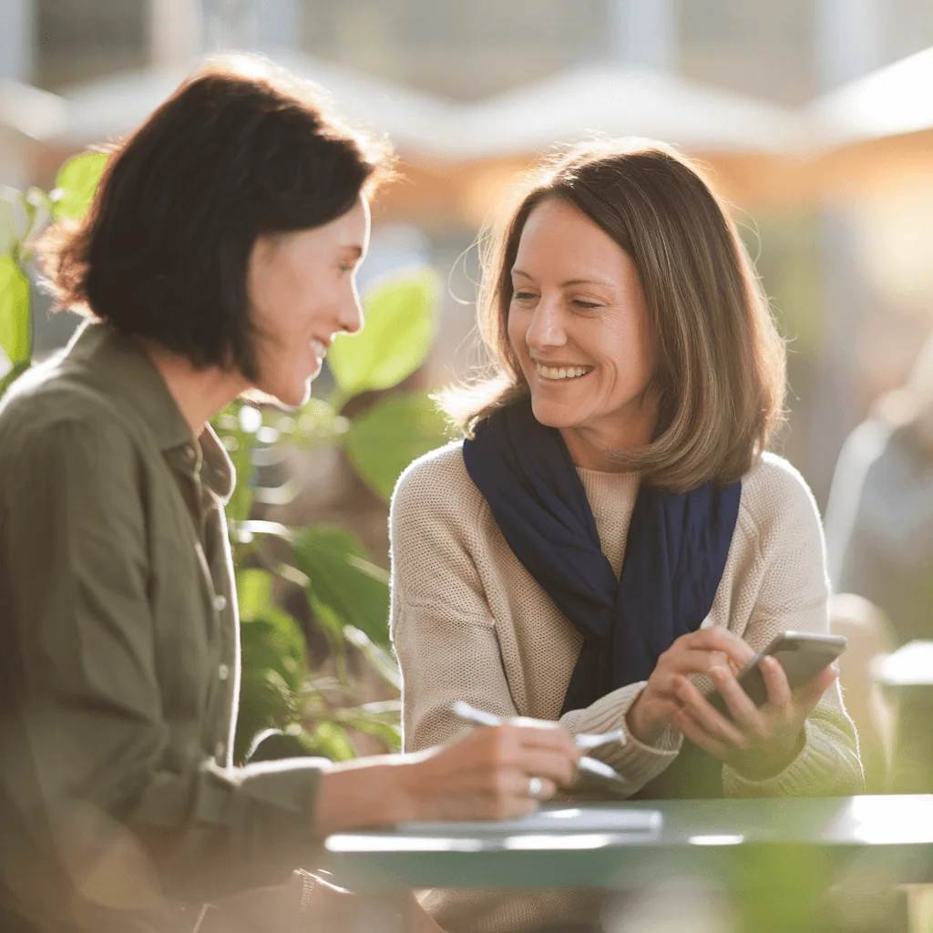 Two smiling women in their 40s or 50s enjoying a conversation outdoors, hinting at social connection and happiness for general longevity.