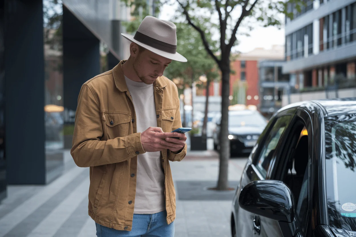 Man in a hat checks his phone for a glucose monitoring app in an urban environment, symbolizing proactive health management for longevity.
