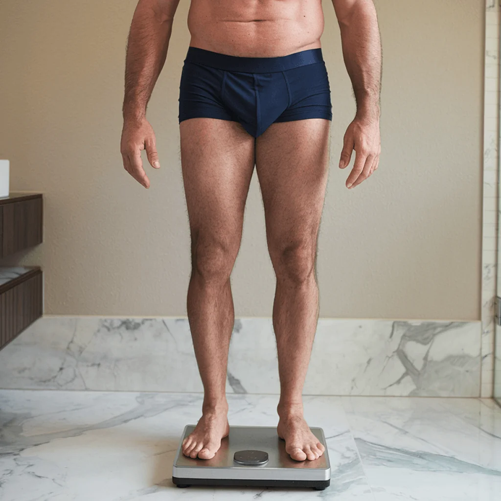 Man in blue underwear standing on a digital scale, signifying monitoring health and weight for longevity and glucose control.