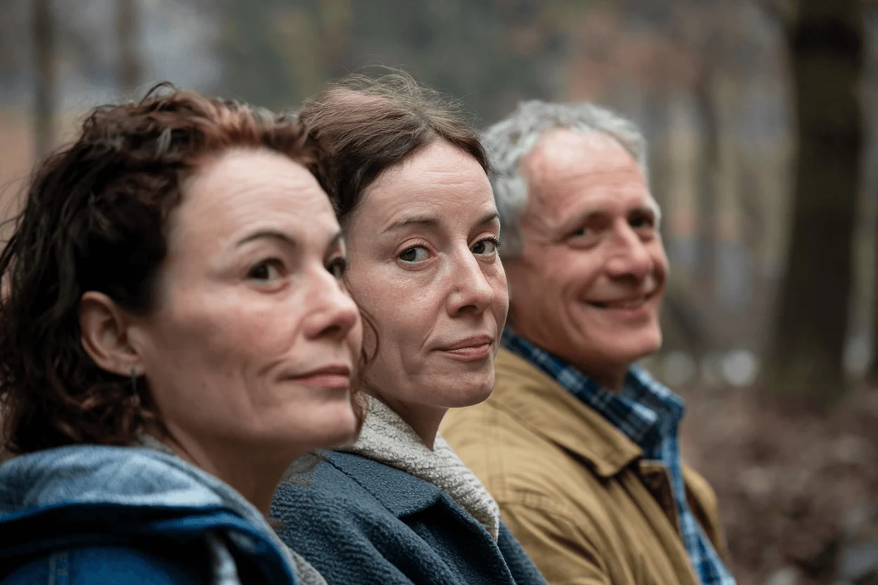 Three adults of varying ages smiling and looking forward, representing healthy aging and successful glucose control for longevity.