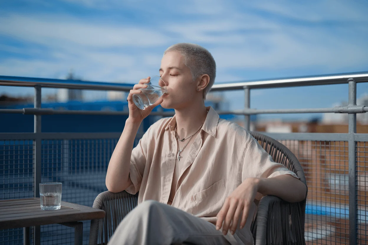 Young adult with short blonde hair drinks water on a balcony, embodying healthy hydration for glucose control and longevity.